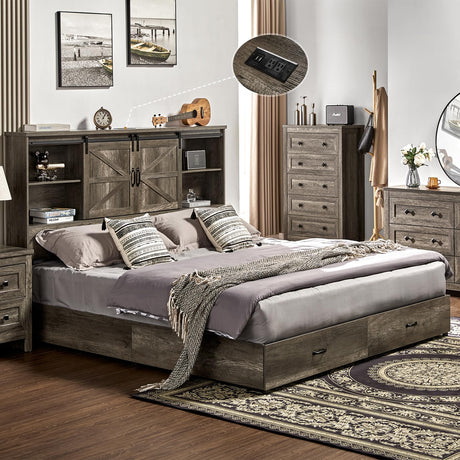 VanAcc Rustic Grey Queen Size Wooden Platform Bed Frame with Bookcase Headboard & Storage Drawers VanAcc