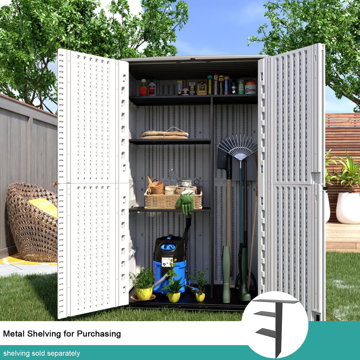 Outdoor Storage Shed,KINYING Outdoor Storage Cabinet Waterproof with Double Doors,52 Cu.ft Resin Vertical Tool Shed for Garden,Patio,Backyard,4×2.5×6.6 FT KINYING