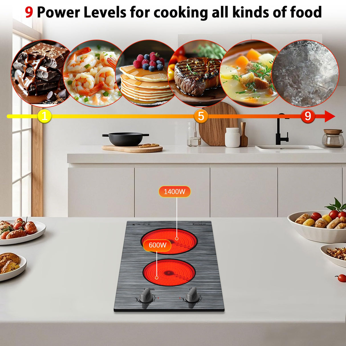 Karinear 2 Burners Electric Cooktop, 110v Electric Stove Top Knob Control, Built-in Countertop Electric Ceramic Cooktop with Beautiful Woodgrain Pattern Glass Surface, 110v Outlet Plug Karinear