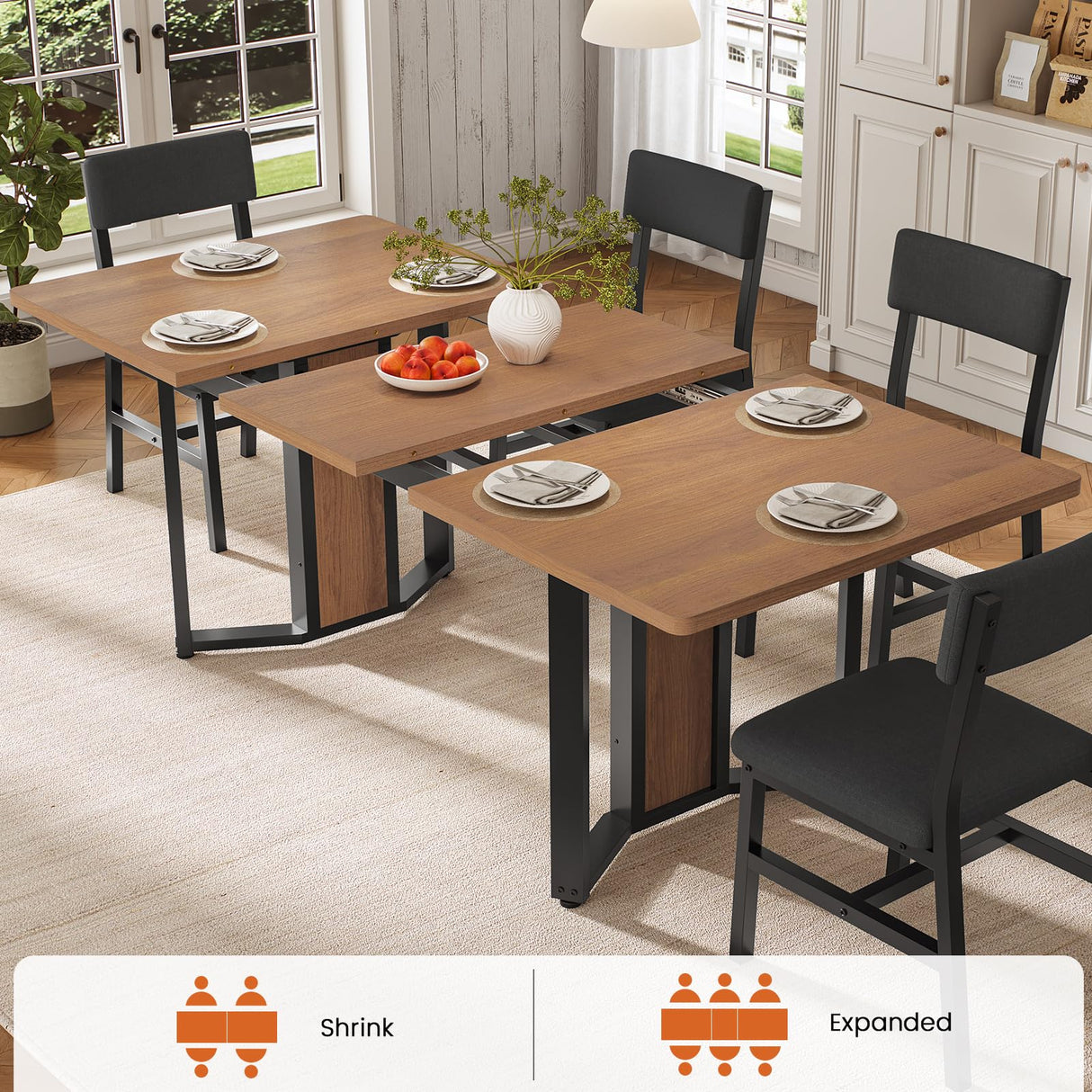 Itaar 5-Piece Dining Table Set for 4-6 People, 63" Extendable Kitchen Table and 4 Cushion Chairs, Dining Room Table with MDF Board & Metal Frame for Small Space, Easy Clean, Brown Itaar