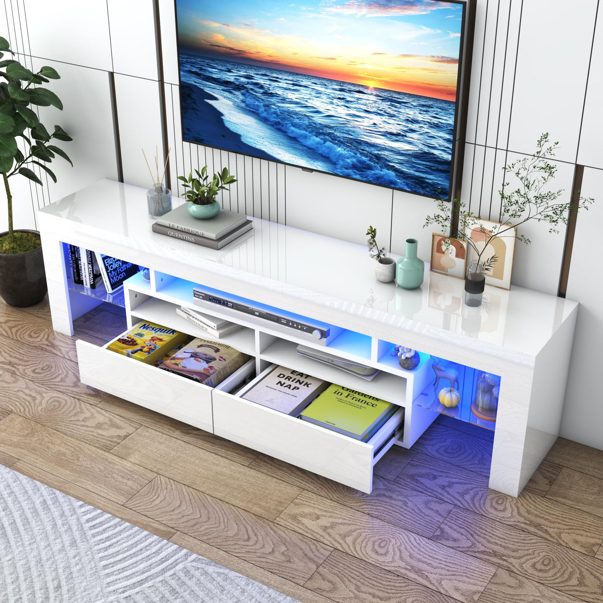 Vinctik 6&Fox LED TV White Stand for 55/60/65inch TV,Modern Entertainment Center with 2 Storage Drawers and LED Light, High Glossy TV Console,TV Table Media Furniture (63inch, White 1) Vinctik 6&Fox