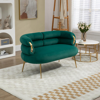 Velvet Small Loveseat Sofa, Upholstered Mini Couch with Curved Backrest, Modern 2-Seat Sofa with Gold Metal Legs, Comfy Love Seat for Living Room, Bedroom, Dorm, and Apart（Green）