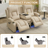 URRED Power Reclining Loveseat Sofa with Console, RV Couch Loveseat Recliner Sofa with Massage & Heat, LED Light, Cupholders, Bluetooth Speakers, USB Charge Ports, Outlets, Leathaire, Beige URRED