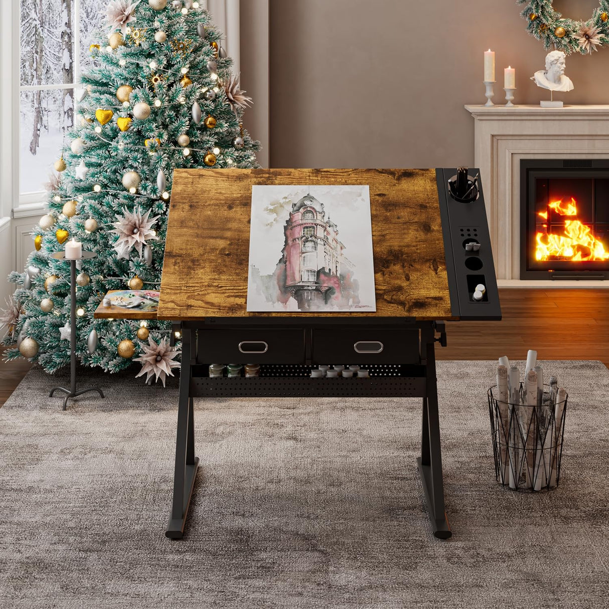 Roockky Adjustable Drafting Table, Multi-Functional Tilting Drawing Desk with Stool, Wood Painting Table Artist Desk for Home Office School, Brown-B Roockky