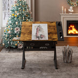 Roockky Adjustable Drafting Table, Multi-Functional Tilting Drawing Desk with Stool, Wood Painting Table Artist Desk for Home Office School, Brown-B Roockky