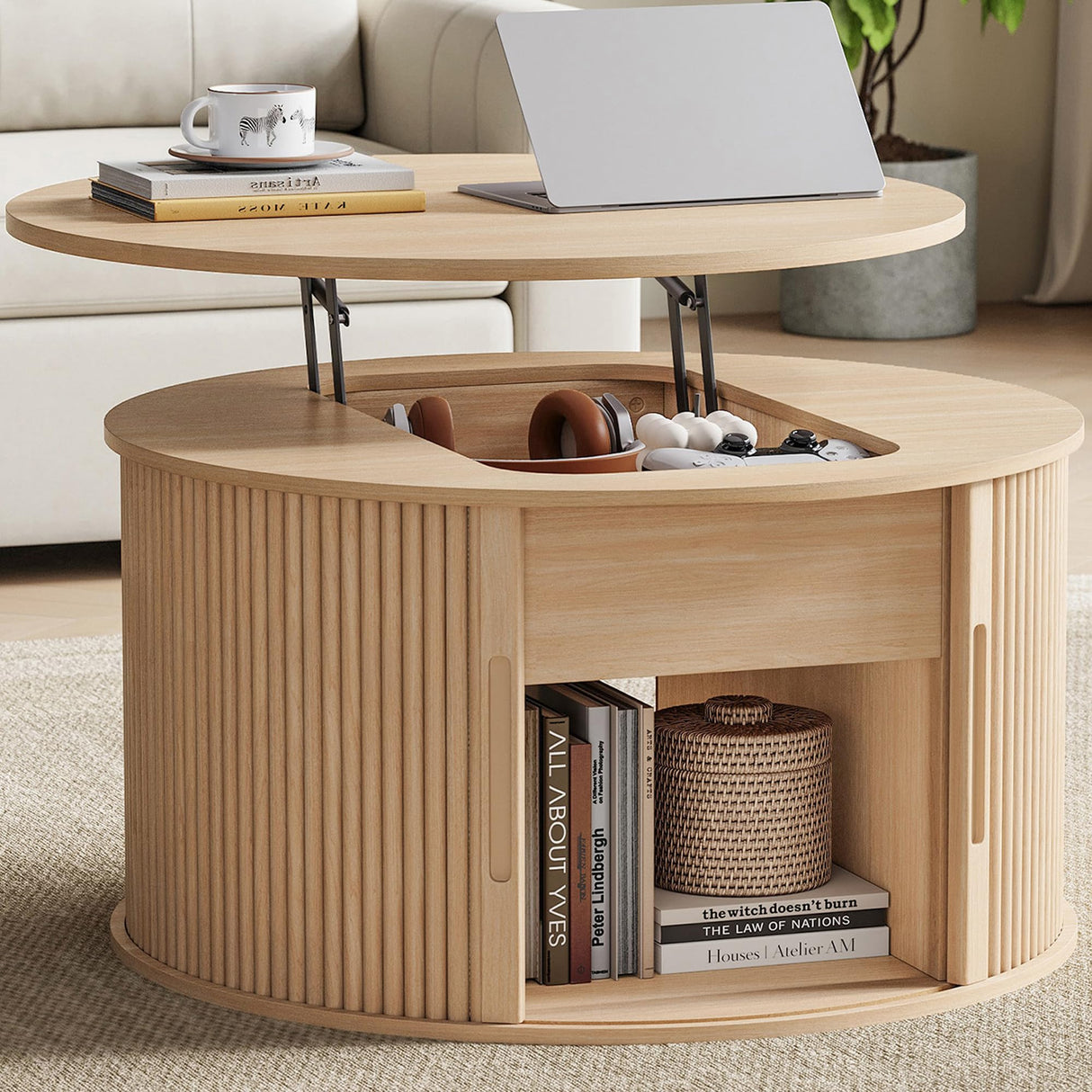LINSY Lift Top Coffee Table, Round Fluted Coffee Table with Storage, Boho Wooden Coffee Tables with Sliding Tambour Door, 31.5" Center Table for Living Room, Office, Small Space, Natural Oak LINSY