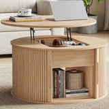 LINSY Lift Top Coffee Table, Round Fluted Coffee Table with Storage, Boho Wooden Coffee Tables with Sliding Tambour Door, 31.5" Center Table for Living Room, Office, Small Space, Natural Oak LINSY