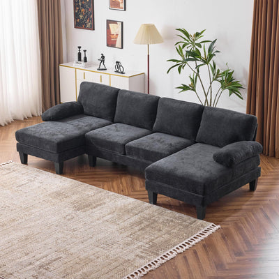 VINGLI 110" Sectional Couches for Living Room,U Shaped Couch with Double Chaise, 4-Seat Sofa Set with Chenille Fabric for Home Furniture,Black