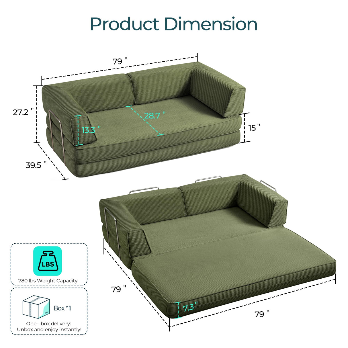 LINSY HOME 79'' Convertible Sofa Bed - Boneless Compression Sofa Folding Loveseat Sleeper - Foldable Corduroy Couch Bed for Living Room Bedroom - Modular Sectional Compressed Sofa in Box, Green LINSY HOME