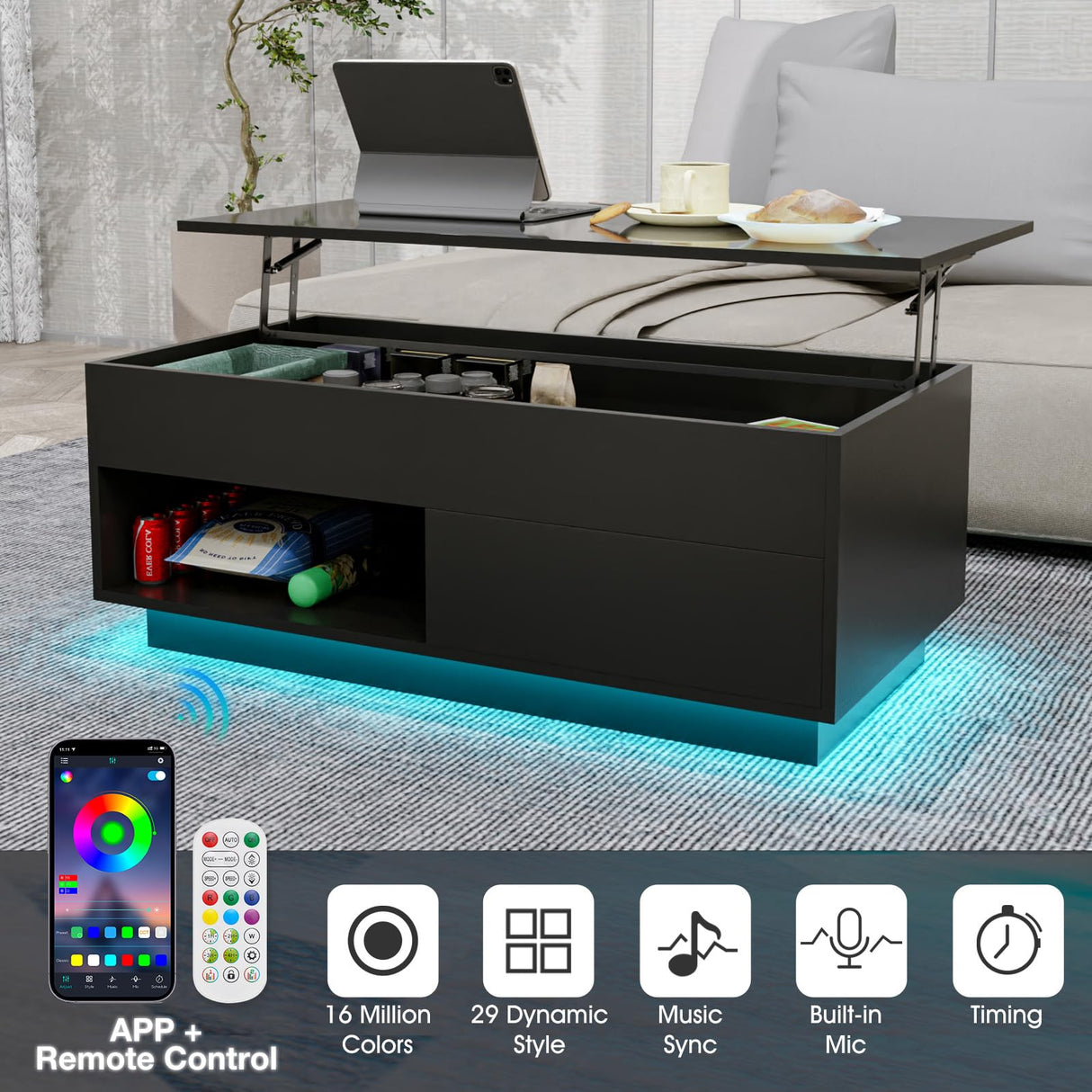 LED Coffee Table for Living Room Morden Coffee Tables with Lift Top High Gloss 4 Tiers WhiteTea Table with Storage Center Tables Sofa Hidden Compartment & 1 Open Shelve & 1 Drawer HOMMPA