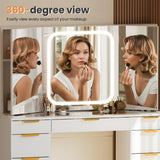 Pamapic 11 Drawers Vanity Desk with Foldable Mirror, Glass Top Makeup Vanity with LED Lights, 3 Lighting Modes, Golden Handles Dressing Table with Chair and Power Outlet Pamapic