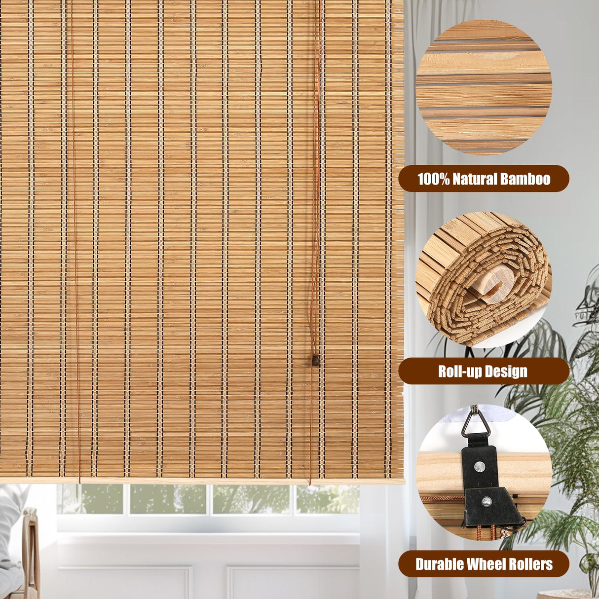 CSBWDLT Bamboo Blinds Roman Bamboo Curtains Roller Shades for Interior Windows,Roll Up Blinds Indoor Outdoor Patio, 35" W X 64" H CSBWDLT