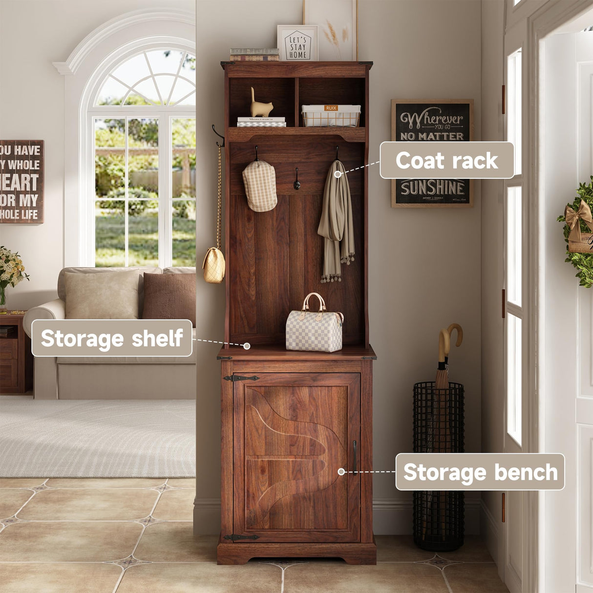 Maupvit Farmhouse Narrow Coat Rack with Shoe Storage, 6 Shoe Cubbies & 5 Coat Hooks, Entryway Furniture with Hall Tree, Ideal for hallways, Living Rooms and Mudrooms Maupvit