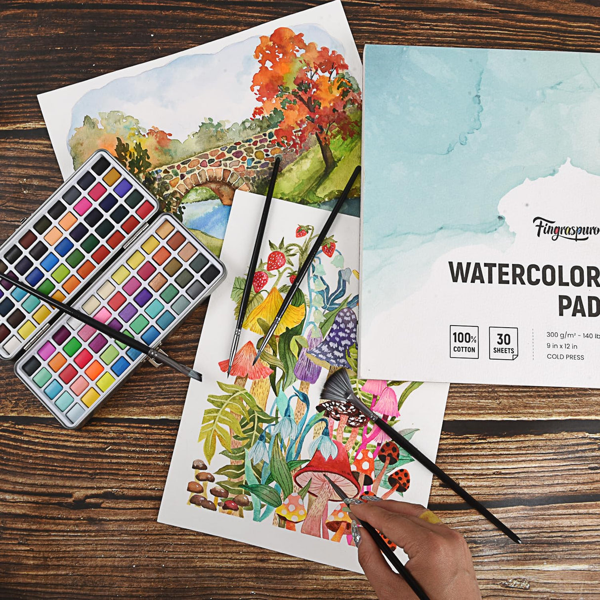 Fingraspuro Watercolor Paper Pad 9x12 Inch, 30 Sheets, 100% Cotton, Acid-Free, Cold Pressed, for Painting, Drawing, Art Journaling, Professional Artist Quality Fingraspuro