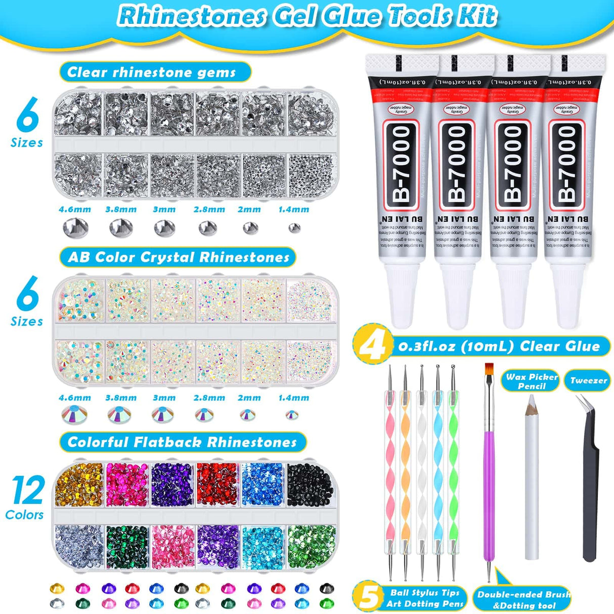 shynek B7000 Jewelry Glue with Rhinestones for Crafts, 6300Pcs Rhinestones with Gems Adhesive for Shoes Cloth Fabric with Picker Pencil for Crafting Diamond Art Graduation Cap Decorations shynek