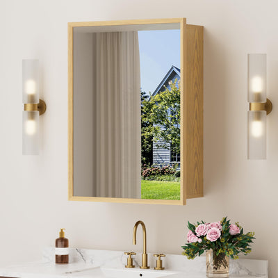 HBEZON 24x30 Inch Wooden Medicine Cabinet with Mirror, Surface or Recessed Mounted Bathroom Cabinets with Door, Adjustable Shelves, Soft-Close Hinge, Wall Storage, Oak Wood Frame