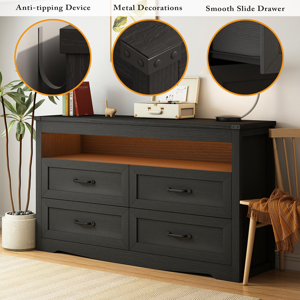 Wodeer 4 Drawer Dresser Chests with LED Light,Wide Chest of Drawers with Metal Handles,Wood Dresser for Storage and Organization for Bedroom,Living Room, Nursery,Hallway,Black Wodeer