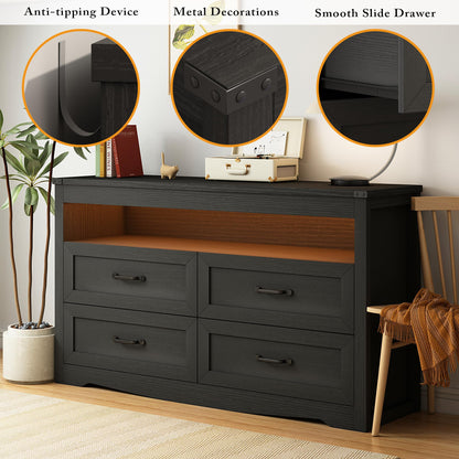 Wodeer 4 Drawer Dresser Chests with LED Light,Wide Chest of Drawers with Metal Handles,Wood Dresser for Storage and Organization for Bedroom,Living Room, Nursery,Hallway,Black - WoodArtSupply