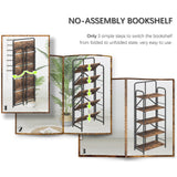 4NM No Assembly Folding Bookshelf, 5 Tier Vintage Industrial Book Shelf,Metal Foldable Storage Bookcase and Bookshelves for Living Room,Bedroom and Kitchen - Rustic Brown 4NM