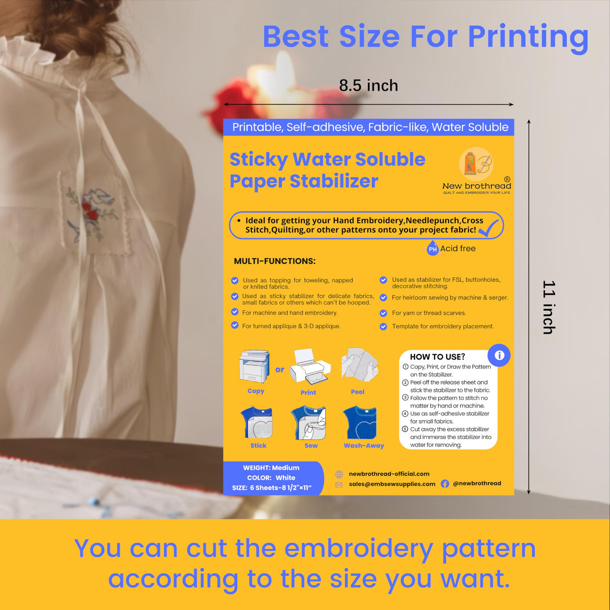 New brothread 6PCS 8.5"x11" Sticky Water Soluble Embroidery Stabilizer Printable Paper Stabilizer - Medium Weight - Allowed for Print or Draw Patterns Best for Hand & Machine Embroidery New brothread