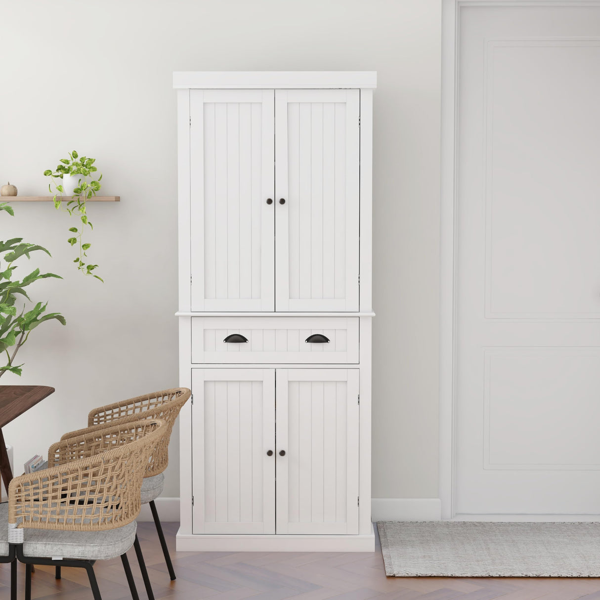 RASOO 72" Pantry Cabinets Freestanding Food Kitchen Pantry Storage Cabinet Cupboard with Drawer and Adjustable Shelves，White (Vertical bar Drawing Slot) RASOO