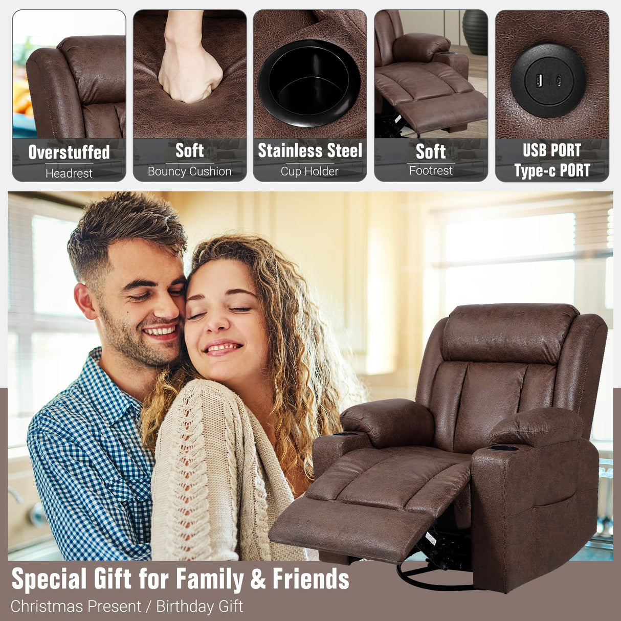 LAFWELL Retro Rocking Recliner Chair, Massage Rocker Recliner Chair with Vibration Massage and Heat, USB and Type-C Ports,360° Swivel Chairs,Living Room, Bedroom, Nursery, RV, Brown LAFWELL