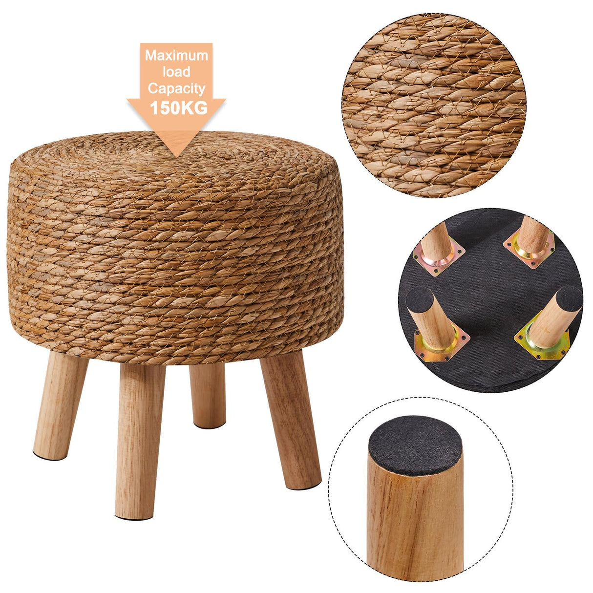 YMYNY Foot Stool Natural Seagrass Hand Weave, 12.6" Small Ottoman, Round Footrest for Living Room, Bedroom, Entryway, Change Shoes Stool, Non-Skid Wood Legs, Boho, Natural, UHBD027N YMYNY