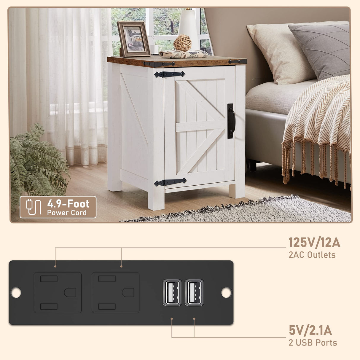 OKD Nightstand with Charging Station, 18 Inch Farmhouse End Table with Barn Door and Adjustable Storage Shelf, Rustic Wood Sofa Side Table w/Magnetic Door for Living Room, Bedroom, Antique White OKD