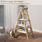 GDLF Modern Wood Cat Tree Foldable Ladder Design with Cat Hammock & Sisal Scratch Post, Solid Wood Tall Cat Tower for Large Cat Easy Clean 60" H GDLF