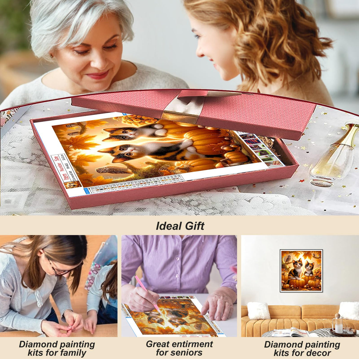 FHBUBPUP 5D Cat Diamond Painting Kits for Adults, Fall Kitten Diamond Art Kits for Beginners, DIY Full Drill Round Diamond Dot Gem Art, Craft Gift Suitable for Home Wall Decoration 12×12Inch FHBUBPUP