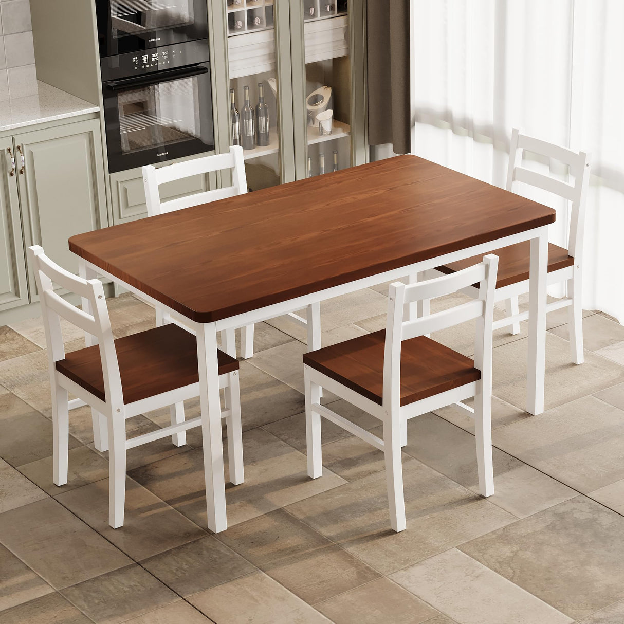 Orweiin Solid Wood Dining Table Set for 4, Farmhouse Rectangular Table and 4 Chairs Set for Kitchen, Living Room, Dining Room, Breakfast Nook, Natural+White Orweiin