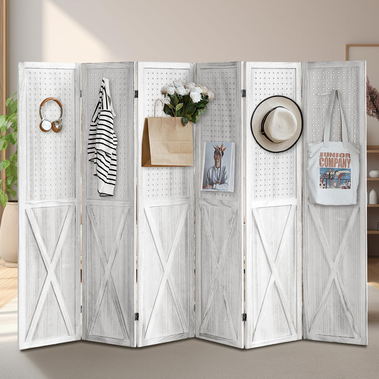 ALeesing 6 Panel Room Divider, 5.6Ft Pegboard Display Wood Folding Privacy Screens, Room Divider Peg Board Display Freestanding for Trade Show Craft Show Home Wall Organizer, Retro White ALeesing