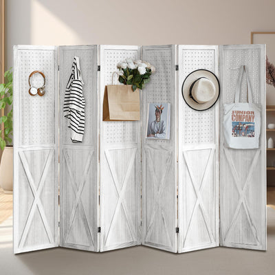 ALeesing 6 Panel Room Divider, 5.6Ft Pegboard Display Wood Folding Privacy Screens, Room Divider Peg Board Display Freestanding for Trade Show Craft Show Home Wall Organizer, Retro White