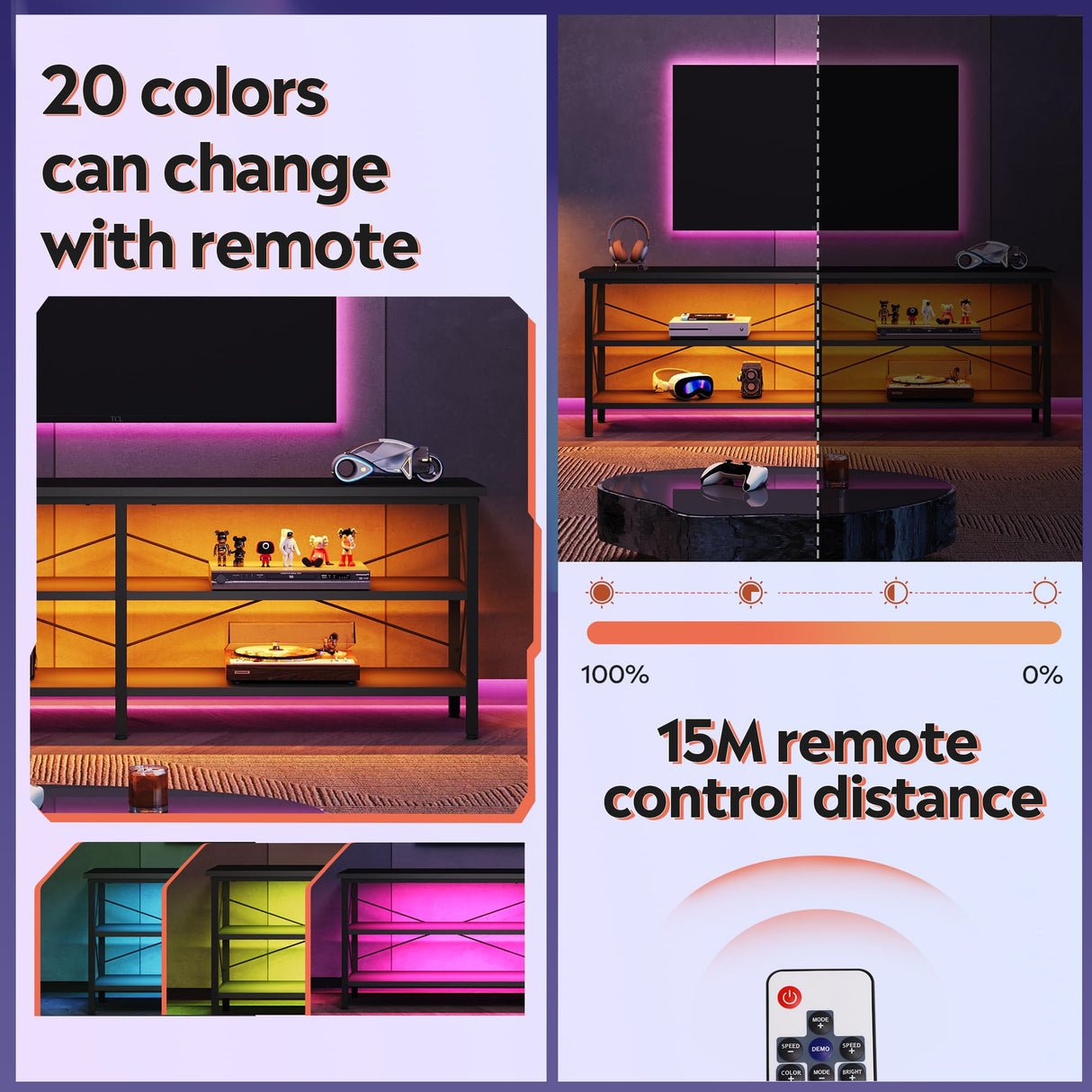 WLIVE TV Stand up to 70 Inch TV, 63" Entertainment Center with LED, TV Media Console with 3-Tier Storage Shelves for Living Room and Bedroom, Black WLIVE