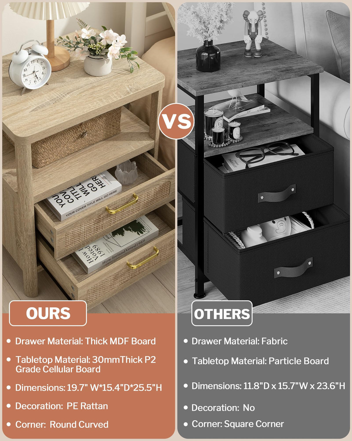 SHEEPPING Rattan Nightstands Set of 2 - Bedside Tables with 2 PE Rattan Drawers, Boho Night Stand with Open Wood Shelf, Farmhouse Bed Side Table/End Table for Bedroom Living Room, Natural, 25.5" H SHEEPPING