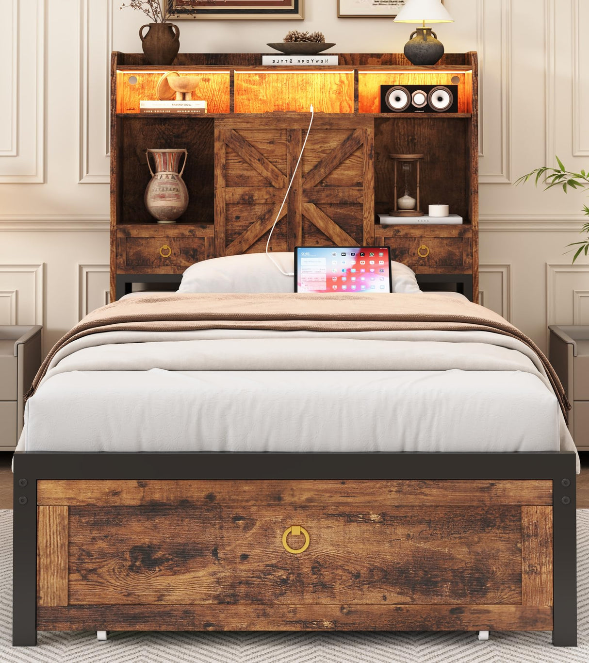 TIGUBFRE Twin Size Bed Frames with Storage Headboard and 3 Drawers, Farmhouse Platform Bed Frame with Charging Station & LED Lights, Metal Slats Support, Noise Free, No Box Spring Needed, Rustic Brown TIGUBFRE