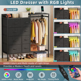 HIGDBFE 8-Drawer Dresser with Hanging Rack, Bedroom Dresser with Charging Station & LED Lights, Kids Dressers with Shoe Rack for Clothes Storage, Chest of Drawers for Bedroom, Closet, Black HIGDBFE