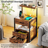 AOGLLATI Nightstand Set of 2 with Charging Station and LED Lights, Bedside Table with 3 Drawers and Open Storage Shelves, 2 USB Ports and 2 AC Outlets, LED Night Stand for Bedroom, Rustic Brown AOGLLATI