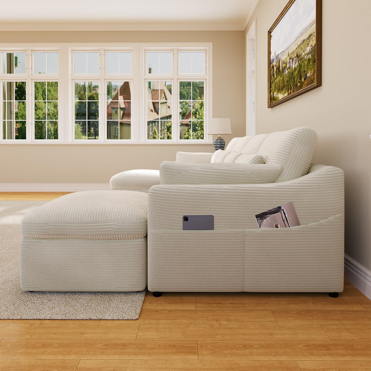 ISHUHL Cloud Modular Sectional Sofa, 124" Oversized Sectional Couches for Living Room, Convertible Deep Seat Sofa Set, Corduroy U Shaped Couch with 2 Ottoman (Beige) ISHUHL