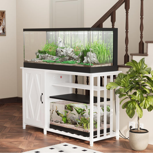 VOWNER 55-75 Gallon Fish Tank Stand, Aquarium Stand with Power Outlets, Cabinet for Fish Tank Accessories Storage, Heavy Duty Metal Frame, Suitable for Fish Tank, Turtle Tank, 1200LBS Capacity, White