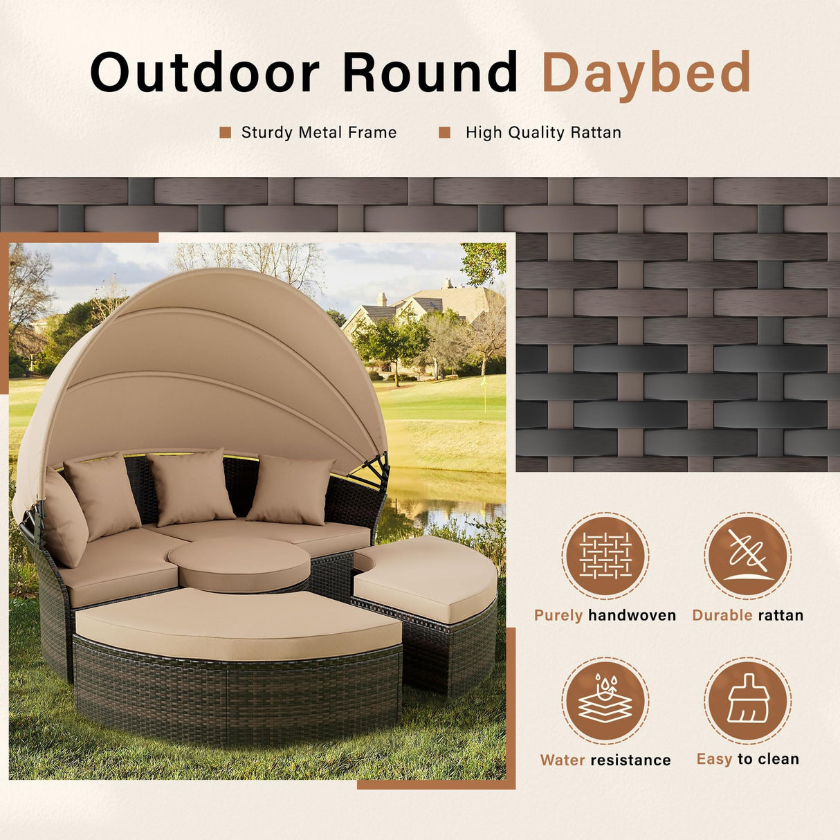 Crownland Round Outdoor Daybed with Retractable Canopy,Patio Daybed with Washable Cushions, Clamshell Sectional Seating, Wicker Furniture for Patio, Garden, Pool (Light Brown) Crownland