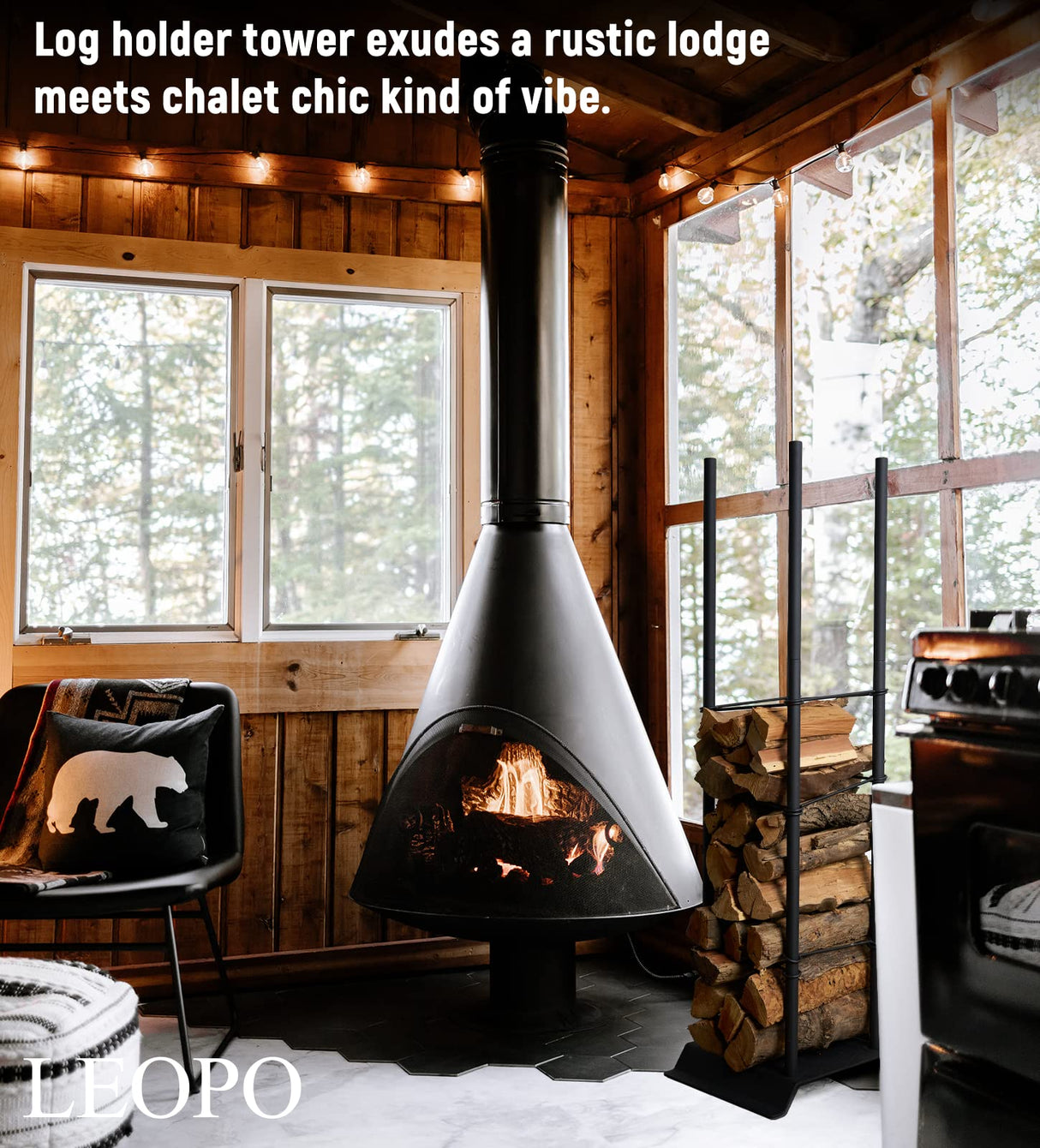 LEOPO Industrial Fireplace Log Holder Tower, Frame Indoor Outdoor Log Holder, Heavy Duty Wood Rack for Firewood LEOPO