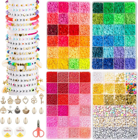Goldwise Friendship Bracelet Kit 4 Boxes-13056 Pcs 72 Colors Bracelet Making Kits with Clay Beads, 7200 Pcs Glass Seed Beads and 3 Styles Letter Beads with Charms for Bracelet Making Gift Goldwise