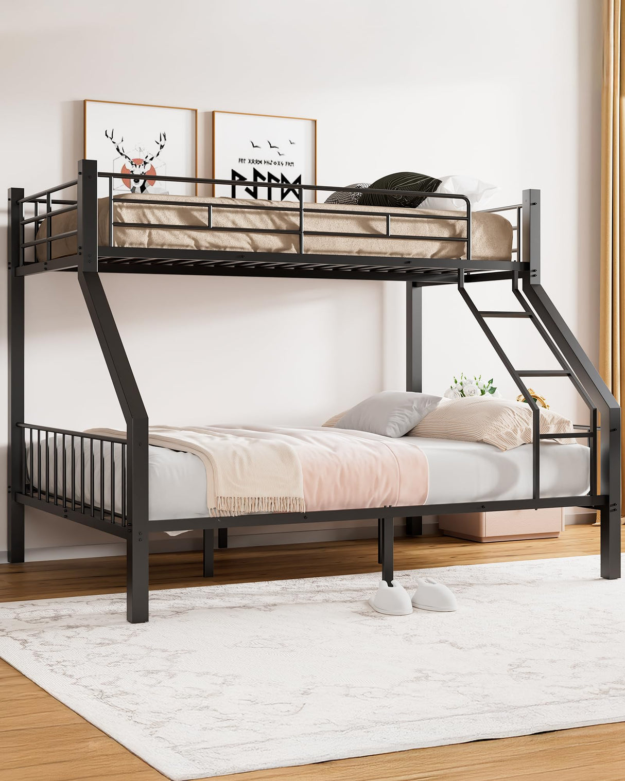 Miscoos Twin XL Over Queen Bunk Bed, Heavy Duty Bunk Bed with Safety Ladder and Full-Length Guardrails, Metal Queen Bed Frame with Slats Support for Adults, Teens, Kids, Black Miscoos