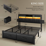 YITAHOME King Size with 2 Storage Drawers and Charging Station, Upholstered Bed with Storage Headboard and LED Light, Heavy Duty Metal Frame Support, No Box Spring Needed, Noise Free, PU Leather Black YITAHOME