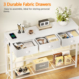 Furologee White Console Table with Charging Station & 3 Fabric Drawers, 38'' Entryway Table with Storage Shelves and LED Light, Industrial Foyer Table for Entry Way, Display Shelf for Hallway Furologee
