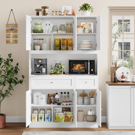BOTLOG 72" Kitchen Pantry Cabinet, Kitchen Hutch with Microwave Stand, Buffet Cabinet with Hutch for Kitchen Dining Room, White BOTLOG