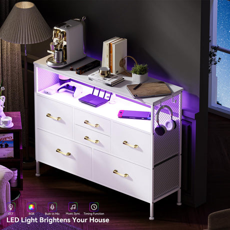 YILQQPER Dresser for Bedroom TV Stand with Power Outlets and LED Light, 6 Drawers Dresser with Side Pockets & Hooks, Wide Dresser with Shelves for 45" TV, Fabric Chest of Drawers with PU Finish, White YILQQPER