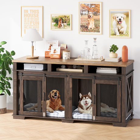 PeakPursuit 71" Extra Large Dog Crate Furniture,Wooden Double Dog Crates Kennel Cage,Furniture Style TV Stand Side End Table for 2 Dogs with Removable Divider for Large Dogs,Dark Walnut/Light PeakPursuit