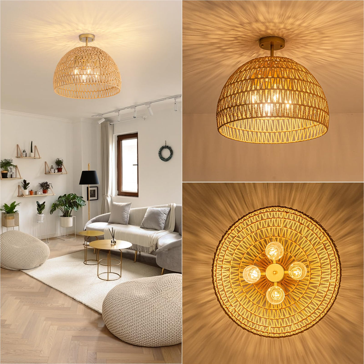 Rattan Ceiling Light Fixture, 4-Light Boho Semi Flush Mount Ceiling Light, 20" Wicker Light Fixture with Handmade Woven Cage Lampshade, Rattan Chandelier for Bedroom Hallway Nursery Kitchen Farmhouse Ledshaoyue